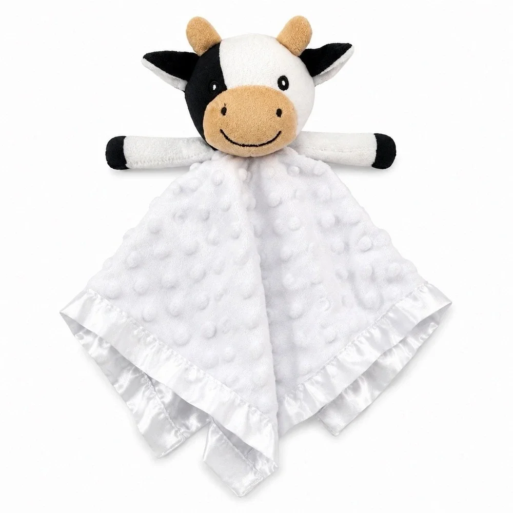 Pro Goleem Cow Baby Lovey Security Blanket 16x16 White Minky Satin Trim Plush